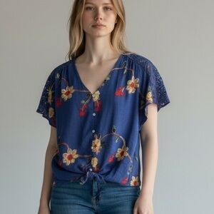 Fig and Flower Blue Blouse with Floral Embroidery